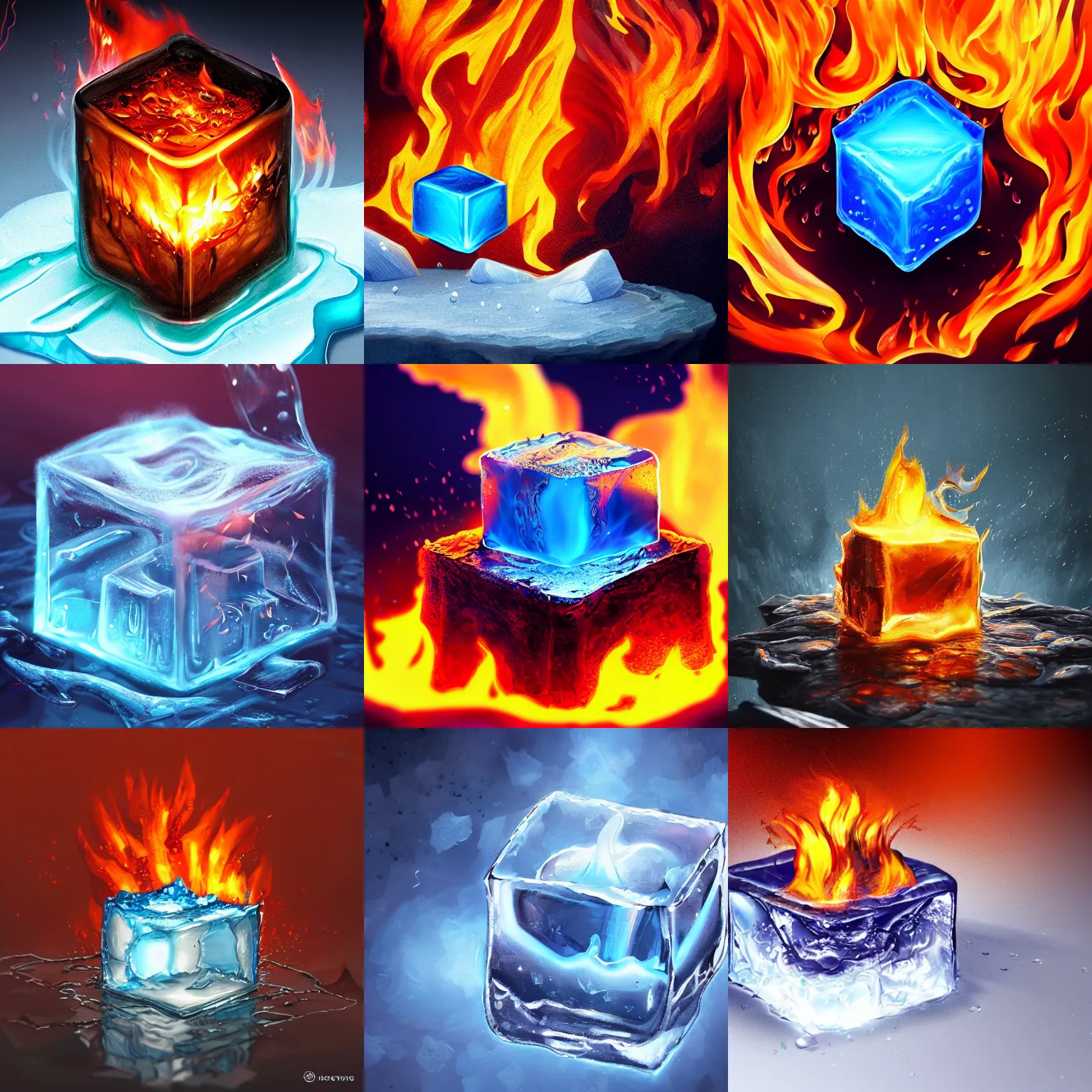 Prompt: photo of a melting icecube surrounded by fire, intricate, highly detailed, digital painting, artstation, concept art, smooth, sharp focus, illustration, vfx