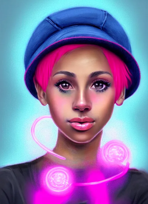 Image similar to portrait of teenage vanessa morgan with bright pink hair, black girl, curly pixie cut hair, wearing newsboy cap, pink short haircut, newsboy cap, hoop earrings, blue eyes, intricate, elegant, glowing lights, highly detailed, digital painting, artstation, concept art, smooth, sharp focus, illustration, art by wlop, mars ravelo and greg rutkowski