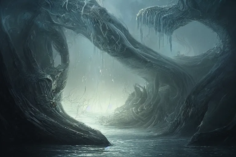 Image similar to primordial waters, chaos, kraken, madness, formless shifting, the world without form and void, darkness shone on the face of the deep, amazing concept painting by Jessica Rossier and HR Giger