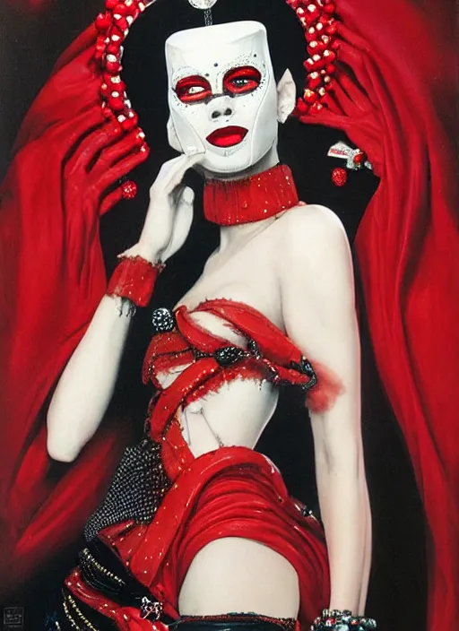 Image similar to an 8 0 s portrait of a woman with dark eye - shadow and red lips with dark slicked back hair, a mask of beads and diamonds hanging from a thin black crown, dreaming acid - fueled hallucinations by serge lutens, rolf armstrong, delphin enjolras, peter elson, red cloth background