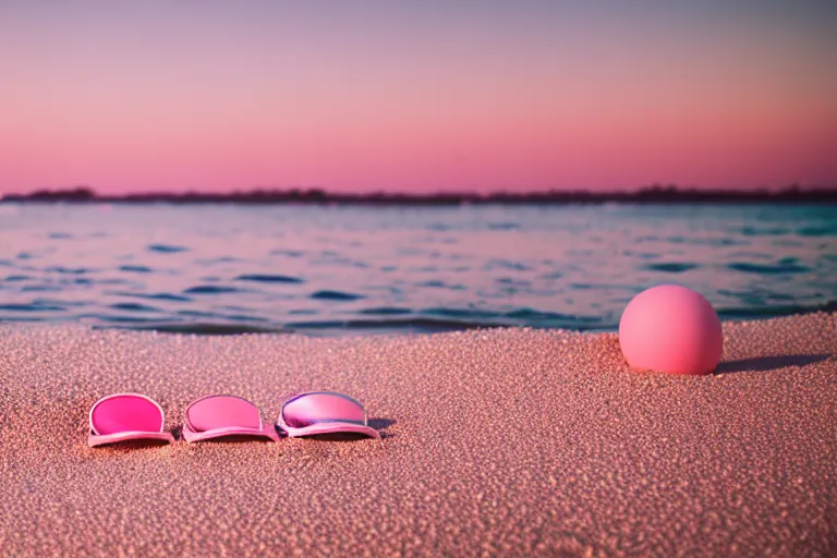 Image similar to a vintage family holiday photo fuji kodak of an empty beach shore with pastel pink sand reflective metallic water and sunbathing equipment at dusk.