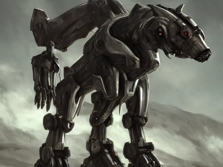 Image similar to cinematic shot, vorestation borg hound, medical mecha hound, taller than man, sharp armor, mecha maw, feral body, sharp metal, visor eyes, detailed, furry art, digital art, warframe hound, furaffinity, deviantart, sofurry