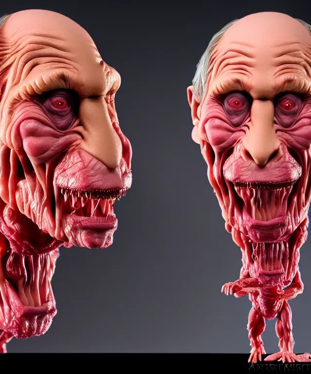 Image similar to hyperrealistic rendering, cronenberg flesh monster vladimir putin by art of skinner and richard corben and jeff easley, product photography, action figure, sofubi, studio lighting, colored gels