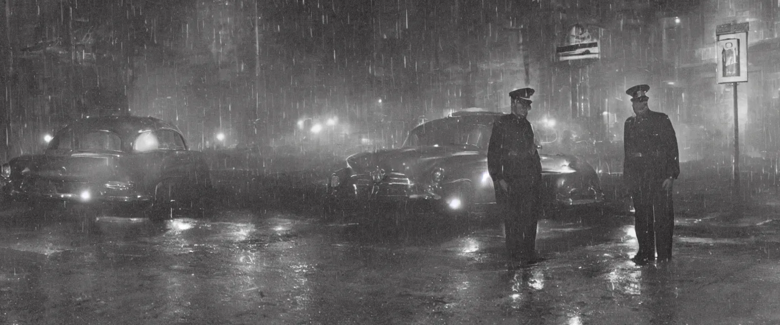 Image similar to weegee style photograph highly detailed of a a uniformed policeman circa 1 9 5 0 standing over a white body bag 1 9 5 5 police car in the rain at night lit by street lamps and headlights. behind the policeman