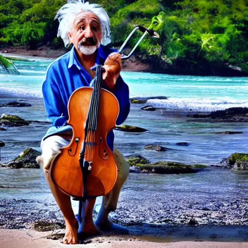 Prompt: albert einstein on tropical beach playing violin tourism photography award winning in the style of andrew rankin