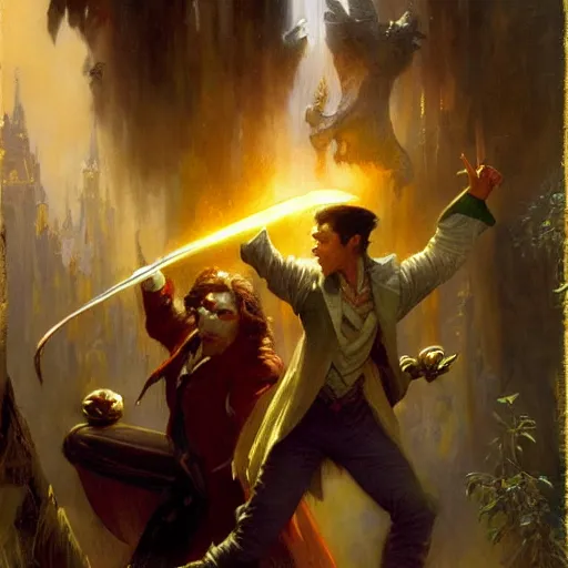 Prompt: stunning male master wizard fighting vampire, highly detailed painting by gaston bussiere, craig mullins, j. c. leyendecker, 8 k