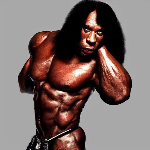 Image similar to Rick james with the physique of a body builder, hyper realistic, ultra detailed, cinematic, dynamic lighting, photorealistic, refined, intricate, digital art, digital painting, masterpiece, 8k