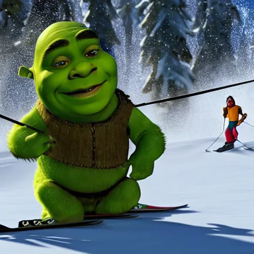 Image similar to shrek skiing, angry, full body shot, cinematic lighting, studio quality