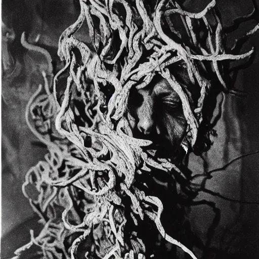 Prompt: photographic portrait of wrinkly sad max ernst dried melting floral tree with spiraling cigarette smoke, in fog, medium long shot