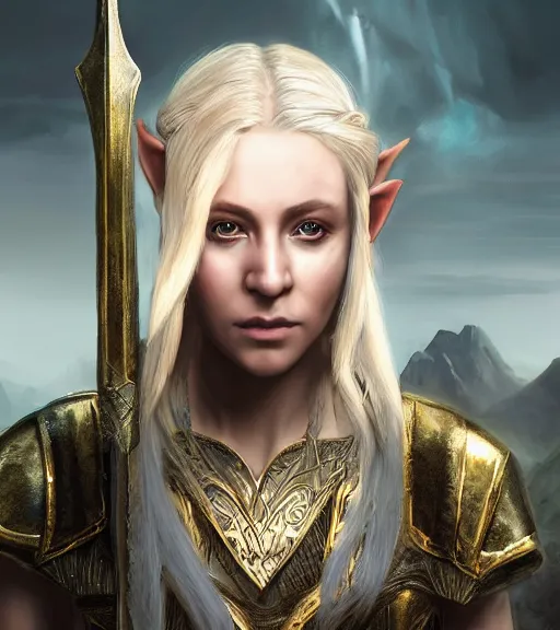 Image similar to the elder scrolls vi a portrait of a blond elven princess warrior portrait near the epic entrance to a city, atmospheric lighting, painted, menacing, intricate, volumetric lighting, beautiful, ( golden hour ), sharp focus, ultra detailed, by leesha hannigan, ross tran, thierry doizon, kai carpenter, ignacio fernandez rios