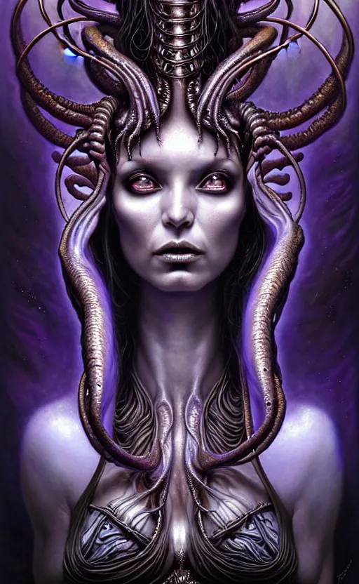 Image similar to A beautiful detailed alien goddess woman with 6 arms super dark tarot card, gorgeous model face by Stanley Artgerm, by tomasz alen kopera and Justin Gerard, 4 eyes, beautiful symmetrical features, ominous, magical realism, melting, texture, intricate, ornate, royally decorated, melting, whirling smoke, embers, purple adornments, blue torn fabric, radiant colors, fantasy, trending on artstation, volumetric lighting, micro details, 3d sculpture, ray tracing, 8k, anaglyph effect