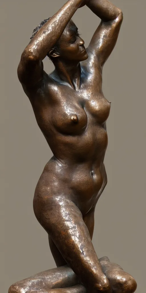 Image similar to detailed photo of old bronze patina statue of most beautiful woman, full body portrait, various bending poses, photorealism, intricate detail, museum diffuse lighting