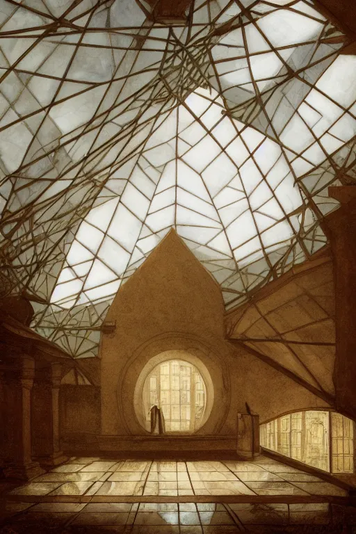 Image similar to a realistic detail of triangular attic with three domed windows, the middle one larger than the two sides, france in the 1 8 th century, shining star, raining, goth, wide - angle lens, by syd mead, francois boucher, 8 k, trending on artstation