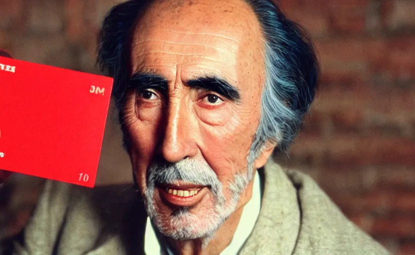 Prompt: movie still close-up portrait of Christopher Lee as a Victorian inventor proudly holding a small red plastic perforated card, by David Bailey, Cinestill 800t 50mm eastmancolor, heavy grainy picture, very detailed, high quality, 4k, HD criterion, precise texture and facial expression