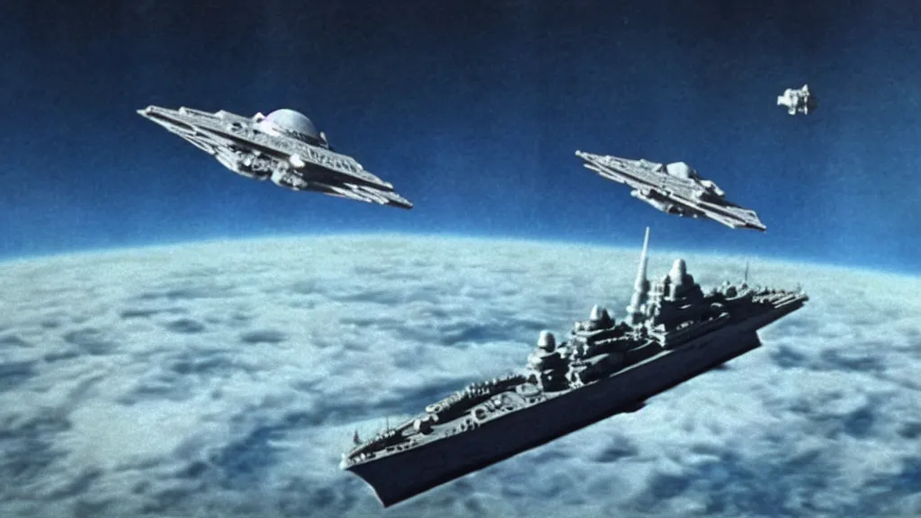 Prompt: Star wars destroyer floating above earth preparing to launch an attack, film still from the movie directed by Stanley Kubrick with art direction by Salvador Dalí, wide lens