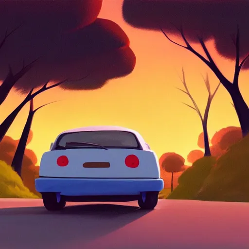 Image similar to goro fujita ilustration rear view of a car equipped with suitcases heading to the forest at sunset, painting by goro fujita, sharp focus, highly detailed, artstation