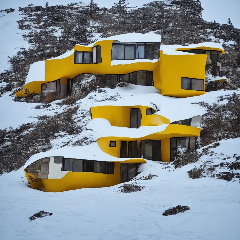 Prompt: a mid-century modern house on top of a cliff in the arctic, covered with snow, designed by Frank Gehry, with a long pathway toward it. Big tiles. Film grain, cinematic, yellow hue