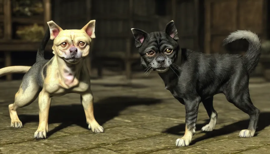 Image similar to a tropical dog dog kitten in the style of francisco goya, 4 k resolution, in skyrim videogame, bethesda skyrim npc, unreal engine render