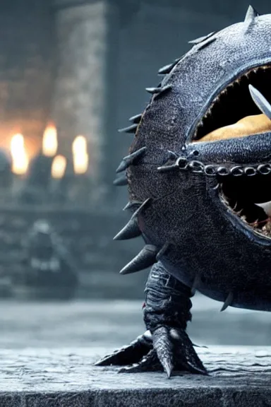 Image similar to very very intricate photorealistic photo of a chain chomp in an episode of game of thrones, photo is in focus with detailed atmospheric lighting, award - winning details