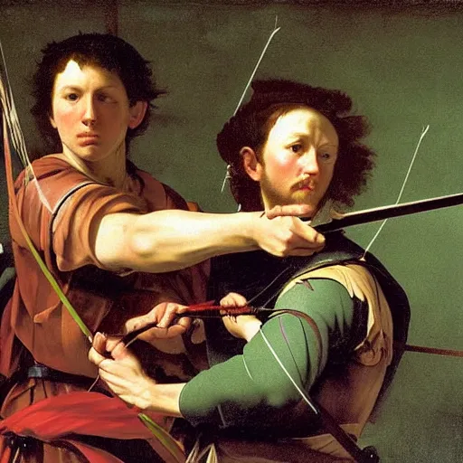Prompt: Tom Holland wearing green tunic holding a longbow and an arrow. Painted by Caravaggio high detail