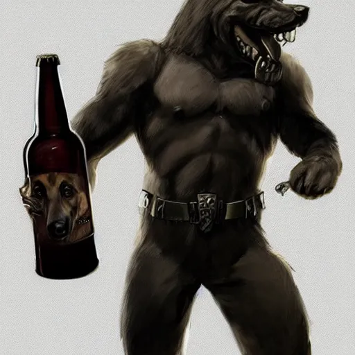 Image similar to a humanoid german shepherd beast - man in military style, holding a bottle of beer, artstation, concept art, smooth, sharp foccus ilustration, artstation