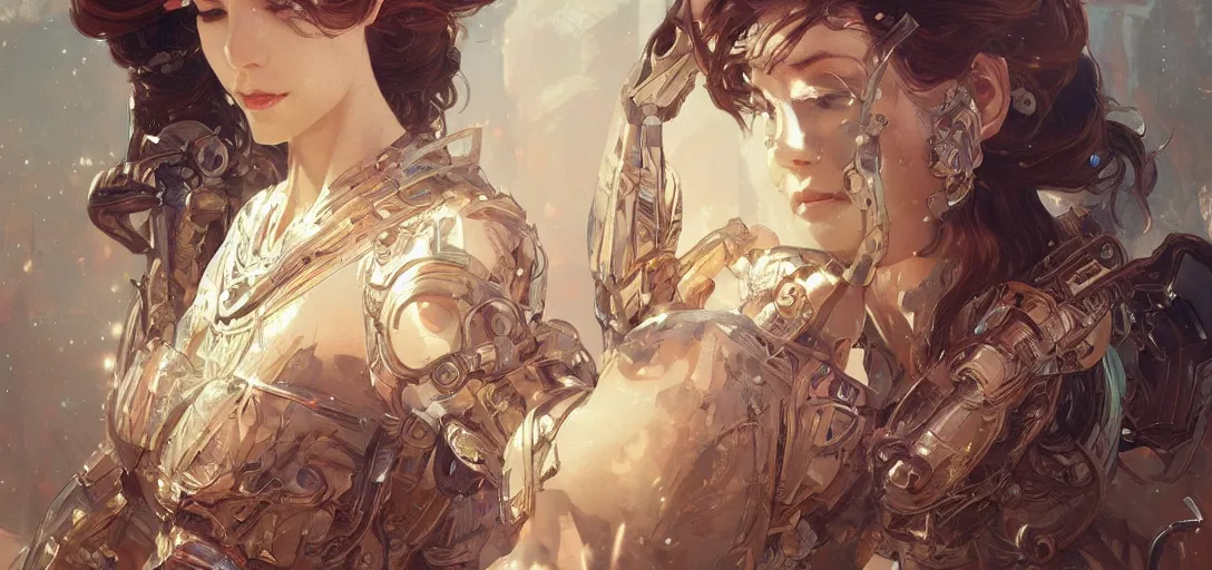 Prompt: beautiful ai robot d & d, fantasy, intricate, elegant, highly detailed, digital painting, artstation, concept art, smooth, sharp focus, illustration, art by artgerm and greg rutkowski and alphonse mucha