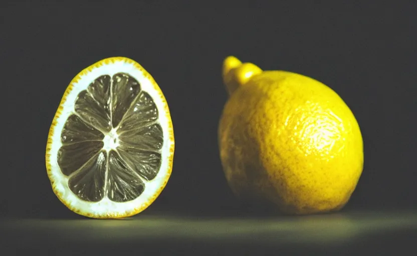 Image similar to a dark photo of a lemon, single light, photography