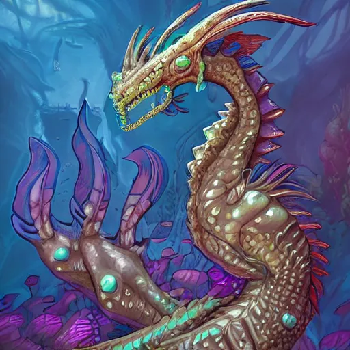 Image similar to underwater sea dragon full body, d & d style, trending on artstation, colorful, intricate, highly detailed art by ilse gort and yugin maffioli