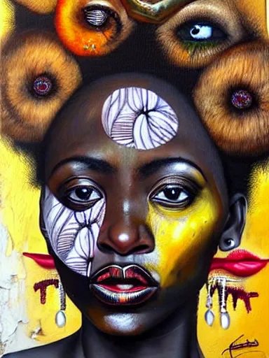 Prompt: portrait of an african woman painted by giuseppe arcimboldo, karol bak, artur bordalo, sandra chevrier : : portrait, vibrant, character, illustration, street art, graffiti