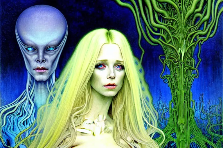 Prompt: realistic detailed portrait painting of a beautiful ghost woman with blond hair with an alien, futuristic sci-fi forest on background by Jean Delville, Amano, Yves Tanguy, Alphonse Mucha, Mark Brooks, Roger Dean, rich moody colours, blue eyes