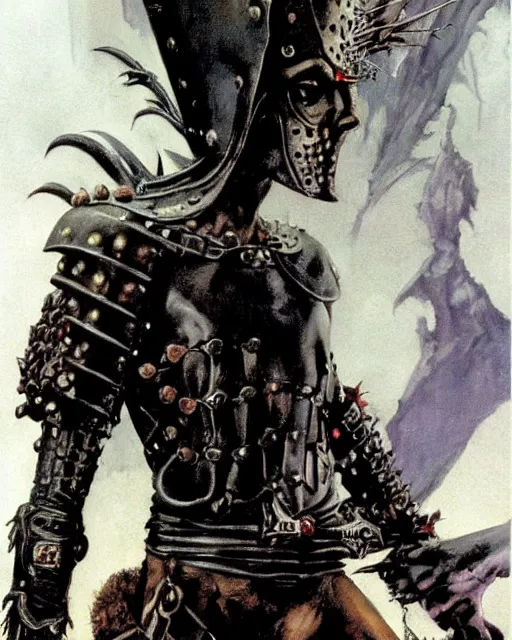 Image similar to portrait of an androgynous skinny punk goth sorcerer wearing armor by simon bisley, john blance, frank frazetta, fantasy