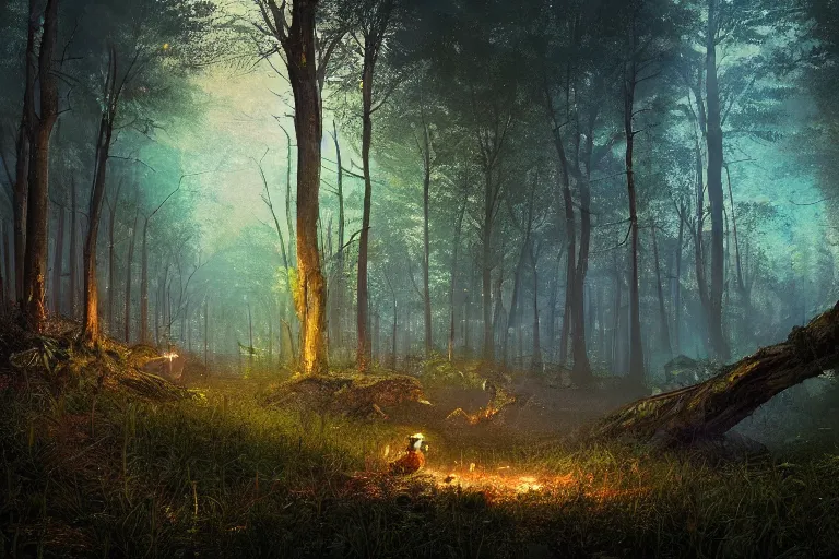 Image similar to fireflies vortex illuminating the forest at night, peaceful scene, 8 k octane render, atmospheric effects, by jonas de ro, artstation, deviantart