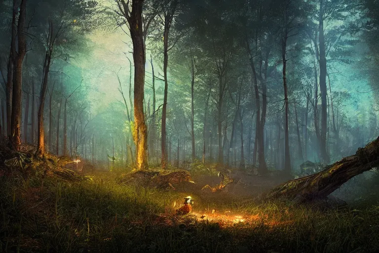 Prompt: fireflies vortex illuminating the forest at night, peaceful scene, 8 k octane render, atmospheric effects, by jonas de ro, artstation, deviantart