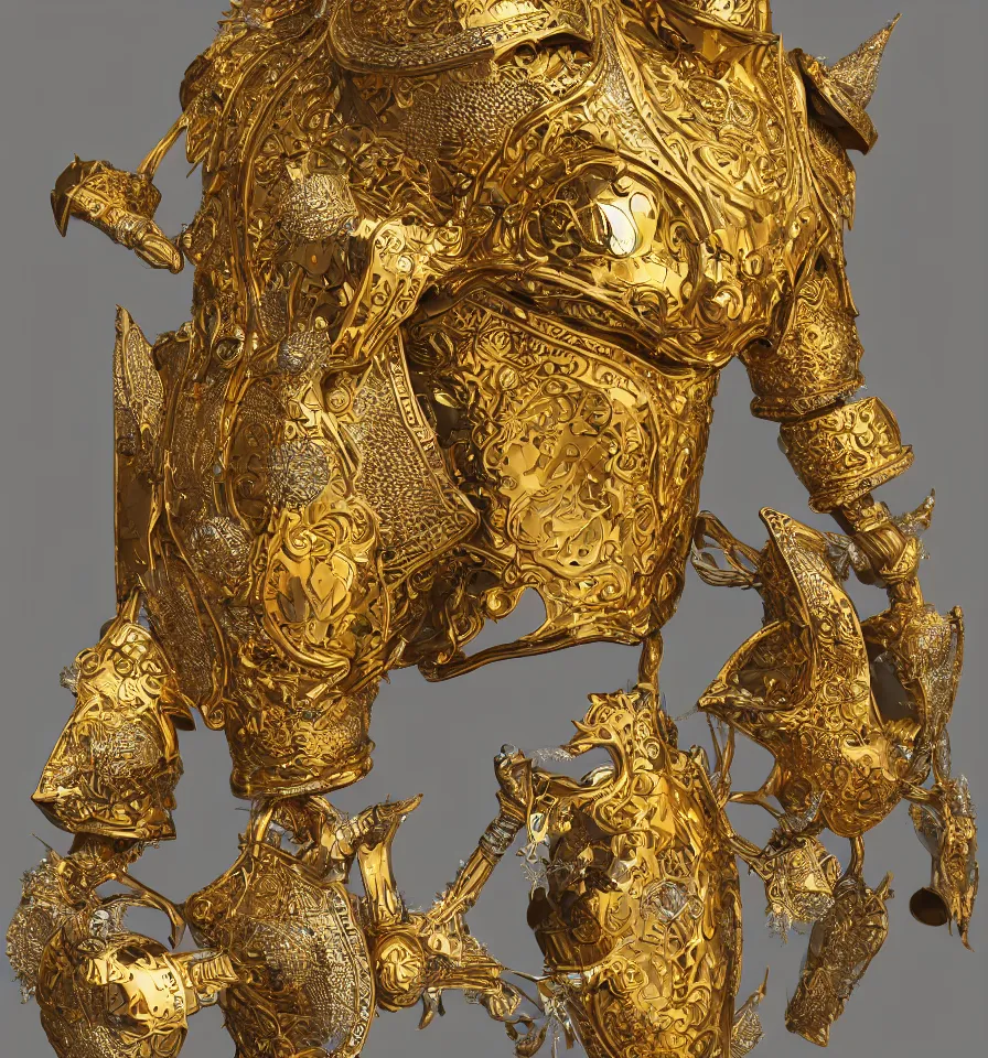 Image similar to golden fantasy plate armor, by salvador dali, 8 k resolution, intricate ornaments, photorealistic, smooth, octane render, ray tracing, ambient occlusion,