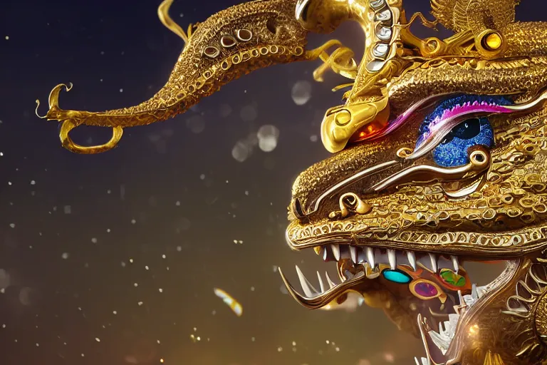 Image similar to cinematic closeup portrait of a miniature gold and silver chinese dragon intricately decorated with colorful jewels, detailed textures, midnight city lights, strong bokeh, dramatic lighting, unreal engine, cgsociety, artstation, 4k