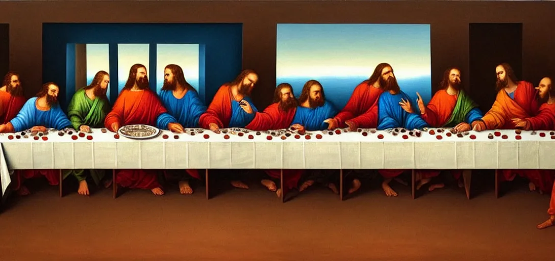 Image similar to a surreal painting of the last supper on the surface of mars