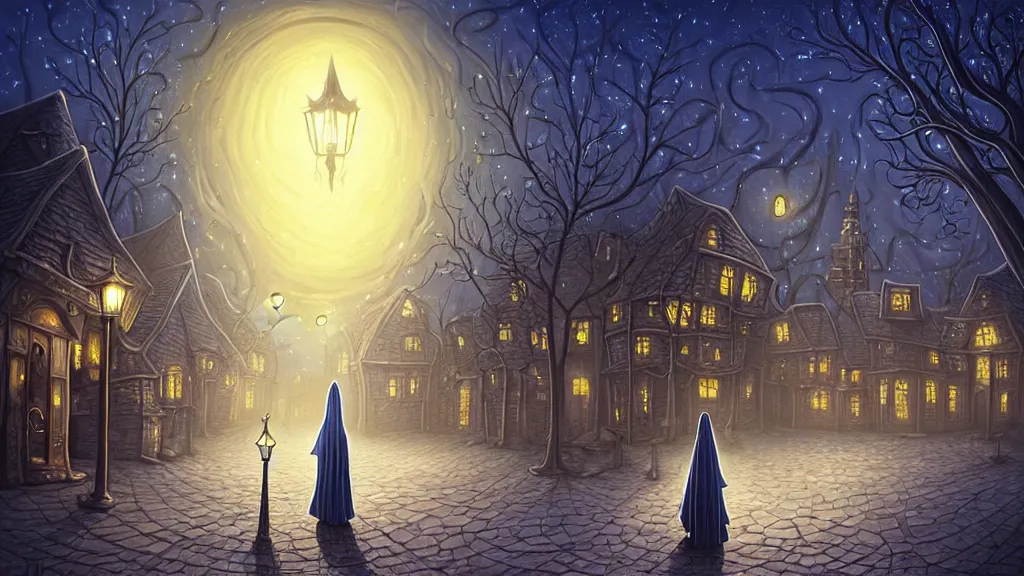 Prompt: lady dressed in long hooded cloak walks in empty lovecraftian town square surrounded by houses and inns. cthulhu statue. lovecraftian city at night by cyril rolando and naomi okubo and dan mumford and ricardo bofill. lovecraft. cobbled streets. oil lamp posts. lovecraftian. starry night swirly sky.