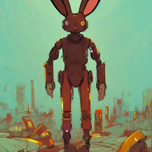 Prompt: anthropomorphic rabbit robot with human characteristics in an arena, digital art, epic composition, fantasy, explosion of color, highly detailed, in the style of jakub rebelka artstation, in the style of jake parker, in the style of conrad roset, swirly vibrant colors, sharp focus