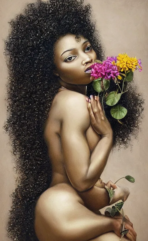 Image similar to surrealism, beautiful black woman with curly hair, holding flowers, hyper realism, muted colours, rococo, highly detailed, realistic, portrait