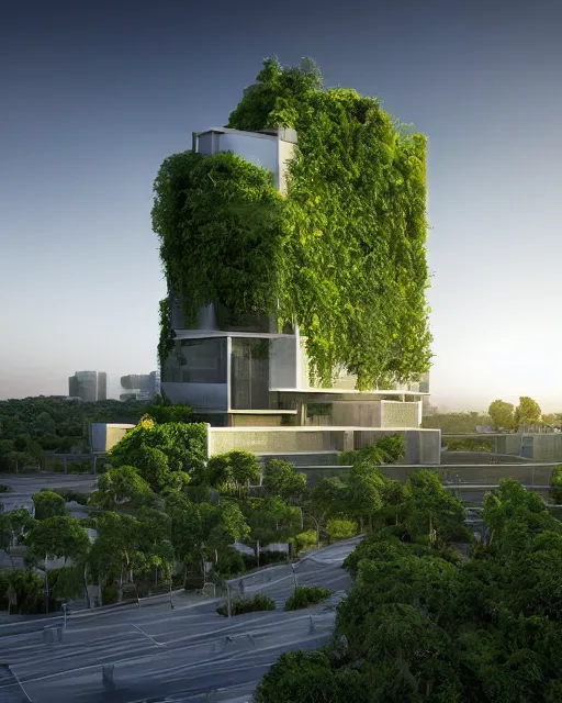 Prompt: a beautiful 3d renderings of buildings, architecture by Morphosis Architect. nature meets architecuture. vines and plants green landscape, Architectural photography, 14mm, cinematic photography, high resolution 4k, cg architects, vray, dramatic sky, cinematic lighting, wide angle, award winning,