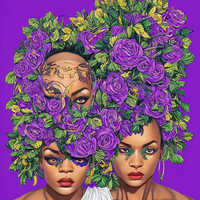 Image similar to gorgeous symmetrical portrait of a crazy black woman with lavender and rose florals growing from her head by tristan eaton and james jean, hyper detailed painting, distance, centered, hd, hq, high resolution, high detail, 4 k, 8 k