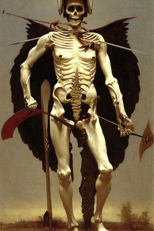 Prompt: portrait of a skeleton archer with big sword, wearing helmets and armor with wings, symmetrical, solemn, sacred, aura, by bouguereau