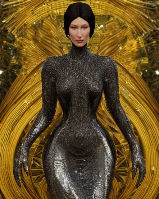 Image similar to a highly detailed metahuman 4 k close up render of a bella hadid as black latex monument renaissance in iris van herpen dress schiaparelli in diamonds crystals swarovski and jewelry iridescent in style of alphonse mucha gustav klimt trending on artstation made in unreal engine 4