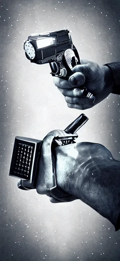 Image similar to “ hand holding laser gun, cinematic, digital art, retro, award winning ”