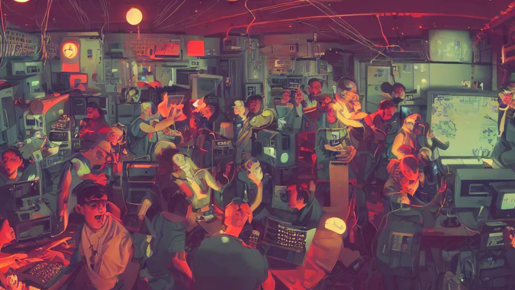 Prompt: selfie of a tight group of happy drunken hackers at a party in a highly detailed server room with computers everywhere and wires, in a scifi movie, vivid colors, by jamie hewlett, nuri iyem, james gurney, james jean, greg rutkowski, anato finnstark. hyper detailed, wide angle, perfect faces