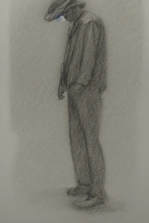 Image similar to a drawn man standing in the rain. pencil sketch.