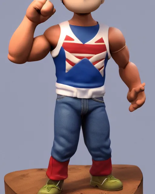 Image similar to 3 d render of freddie mercury, white sleeveless tank top blue jeans as a funko pop!, four, studio lighting, white background, single body, no shadow, blender, trending on artstation, 8 k, highly detailed