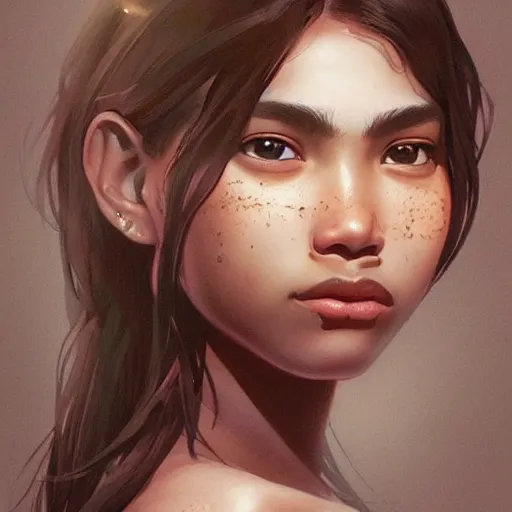 Prompt: demonic evil seductive cute fourteen year old brown skinned asian girl, tomboy, freckles!!!, fully clothed, highly detailed, digital painting, artstation, concept art, sharp focus, illustration, cinematic lighting, art by artgerm and greg rutkowski and alphonse mucha,