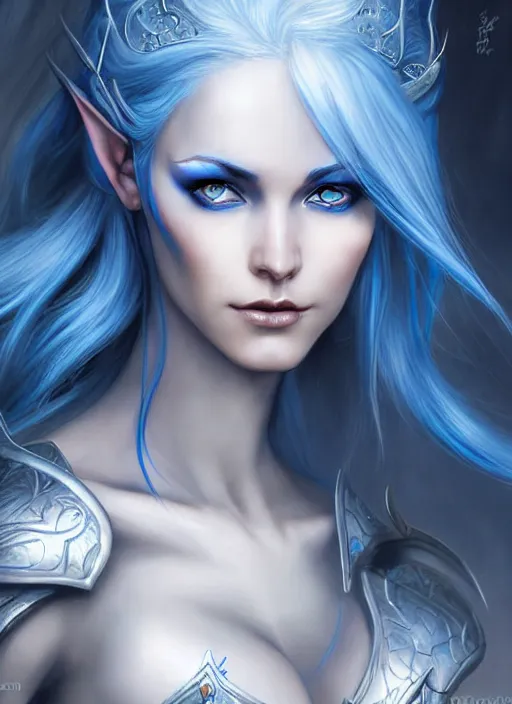 Image similar to d & d concept art of gorgeous elven woman with blue hair in the style of stefan kostic, realistic, half body shot, sharp focus, 8 k high definition, insanely detailed, intricate, elegant, art by stanley lau and artgerm, luis royo, foggy backgeound, fantasy