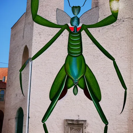 Image similar to Portrait of human-sized Mantis religiosa in medival city.